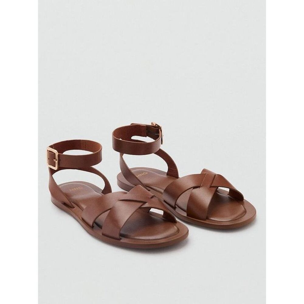 Mango $99 Leather Gladiator Flat Sandals Brown Buckle Strap 37 NEW